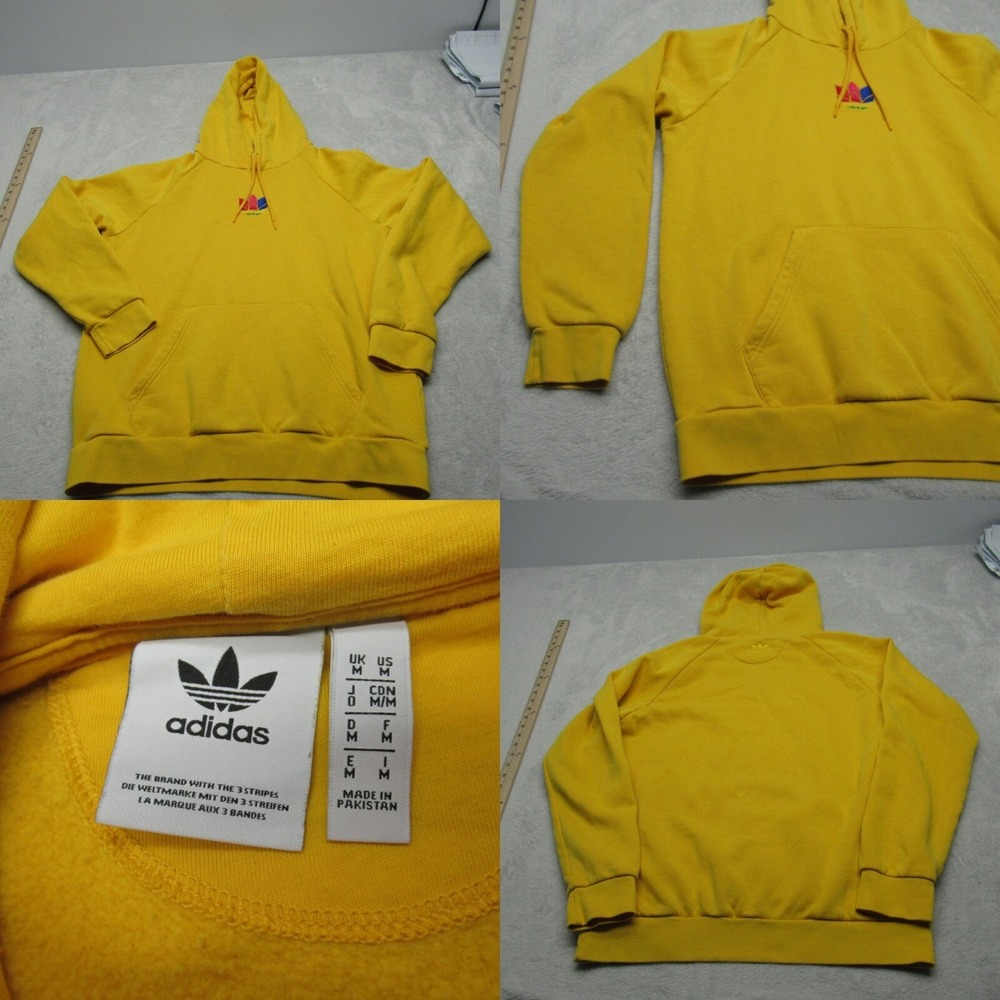 Adidas Hoodie Men Medium Yellow 3D Trefoil Graphic Fleece Pullover Sweatshirt